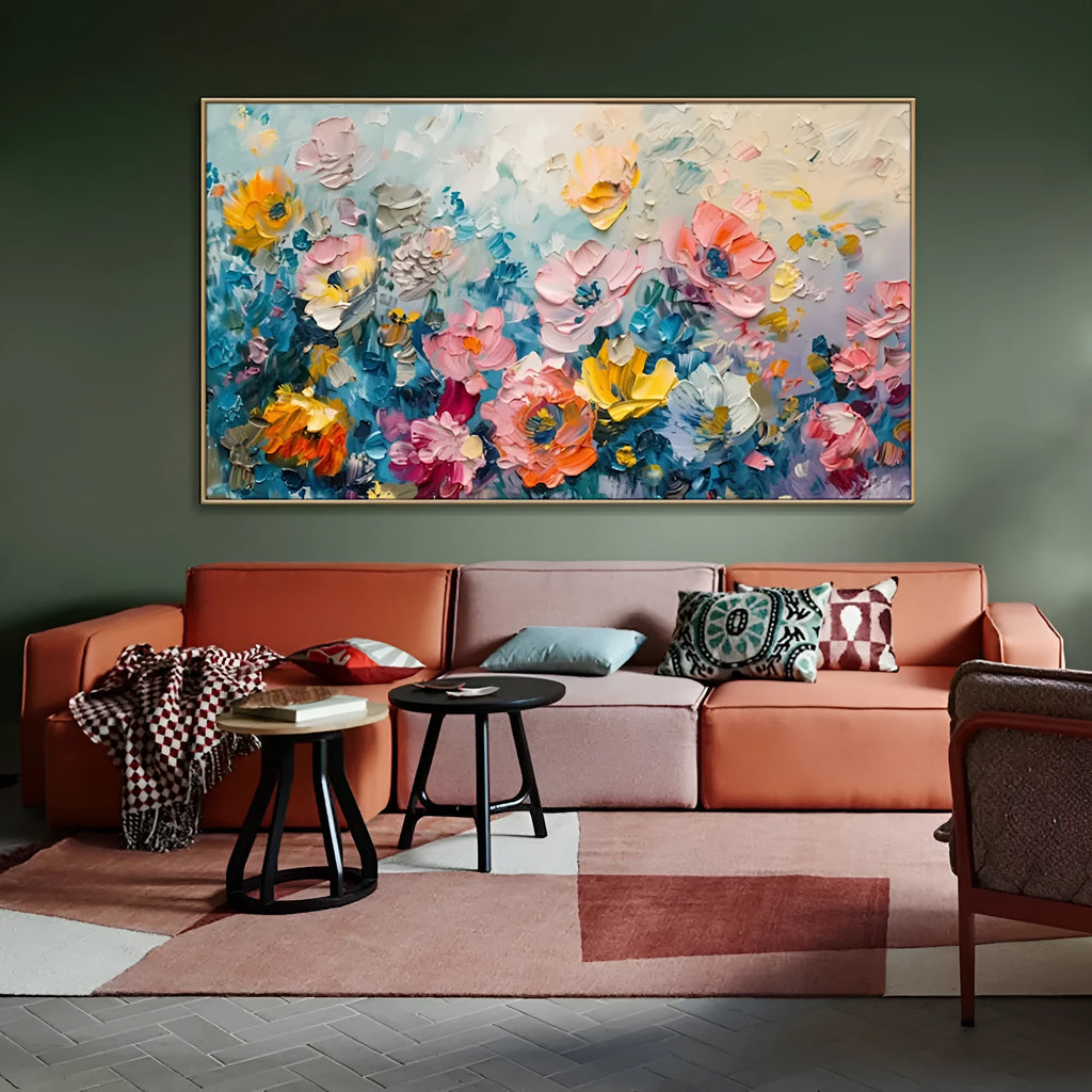 Handmade handpainted oil painting on canvas with rose flower subject horizontal modern style