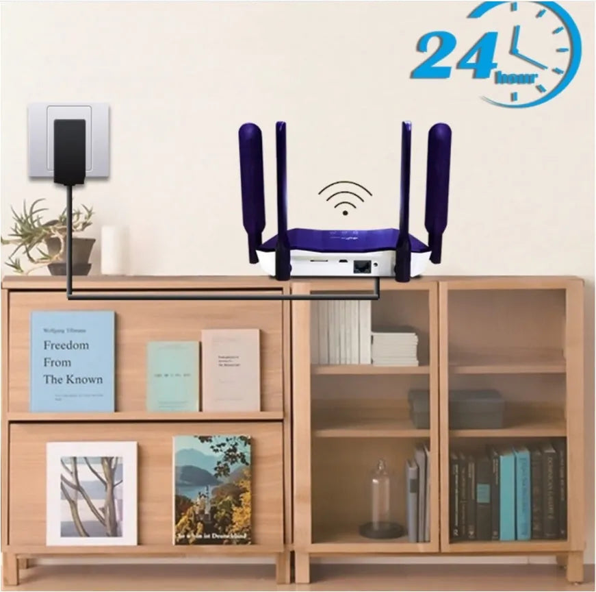 Blue 4G and wired dual-mode router with four extended antennas, showing front panel indicators.