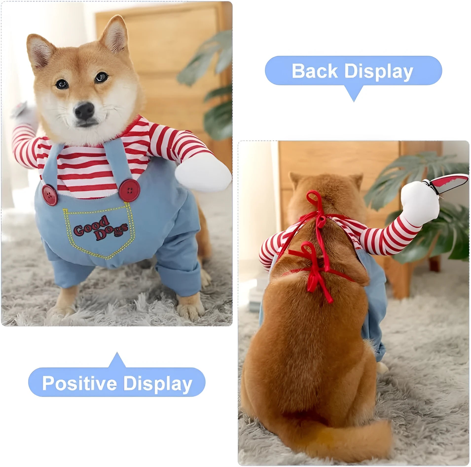 Striped Halloween costume set for pets including vest, pants, and plastic knife accessory