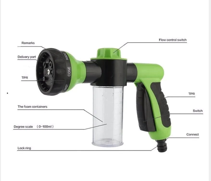 Green high-pressure foam spray gun with adjustable nozzle and long water pipe for car and garden cleaning
