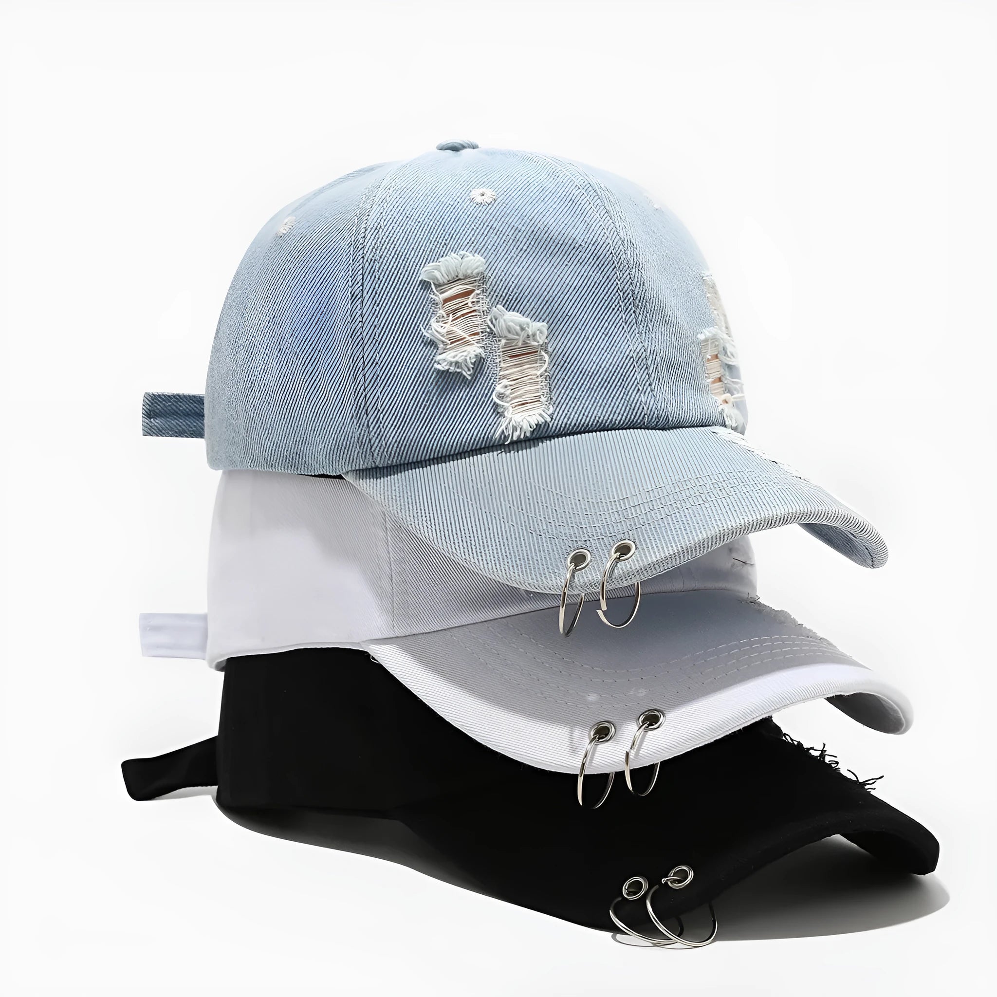 Men's black denim peaked cap with adjustable strap and dome crown on a plain background.