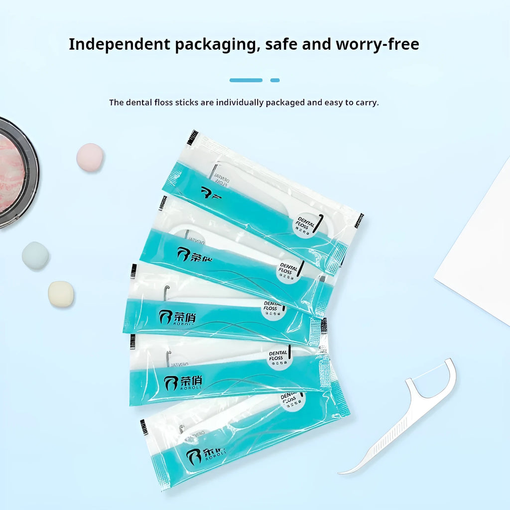 Disposable dental floss in plastic packaging with independent single packs and bulk pack options