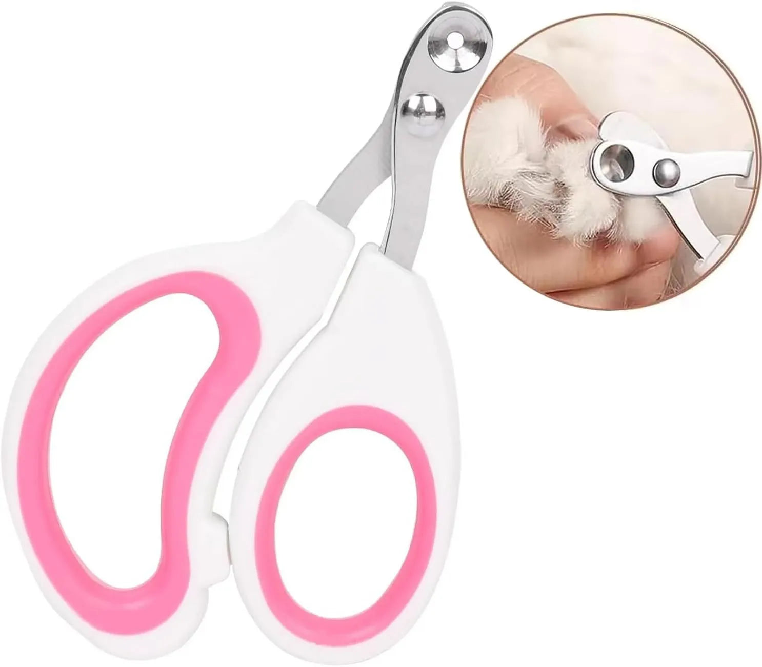 Blue cat nail clippers with circular cut hole and cushioned handle for safe pet nail trimming