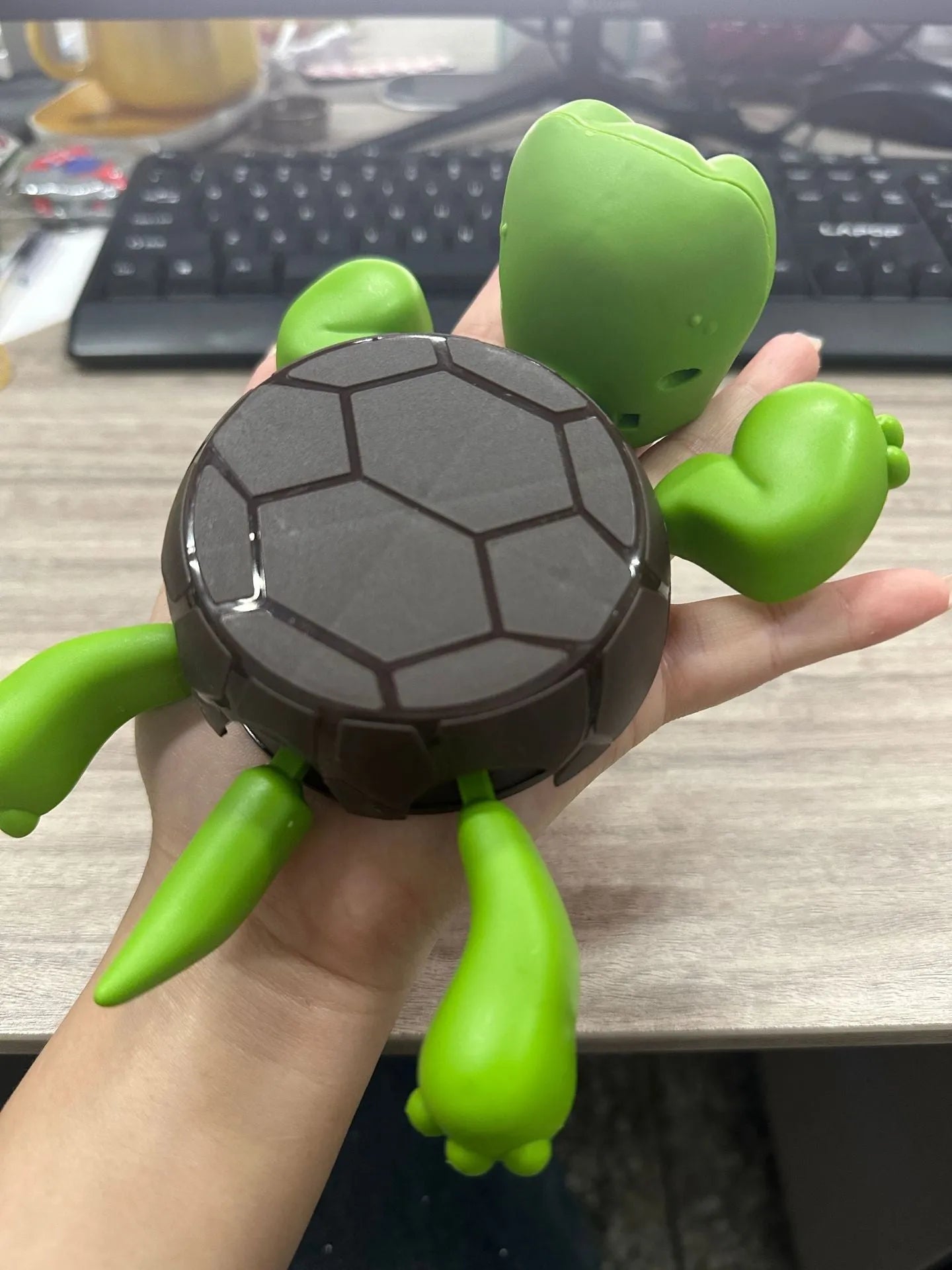 Turtle-shaped ABS plastic coaster in one of four colour options: dark green, light green, wheat starch, or yellow