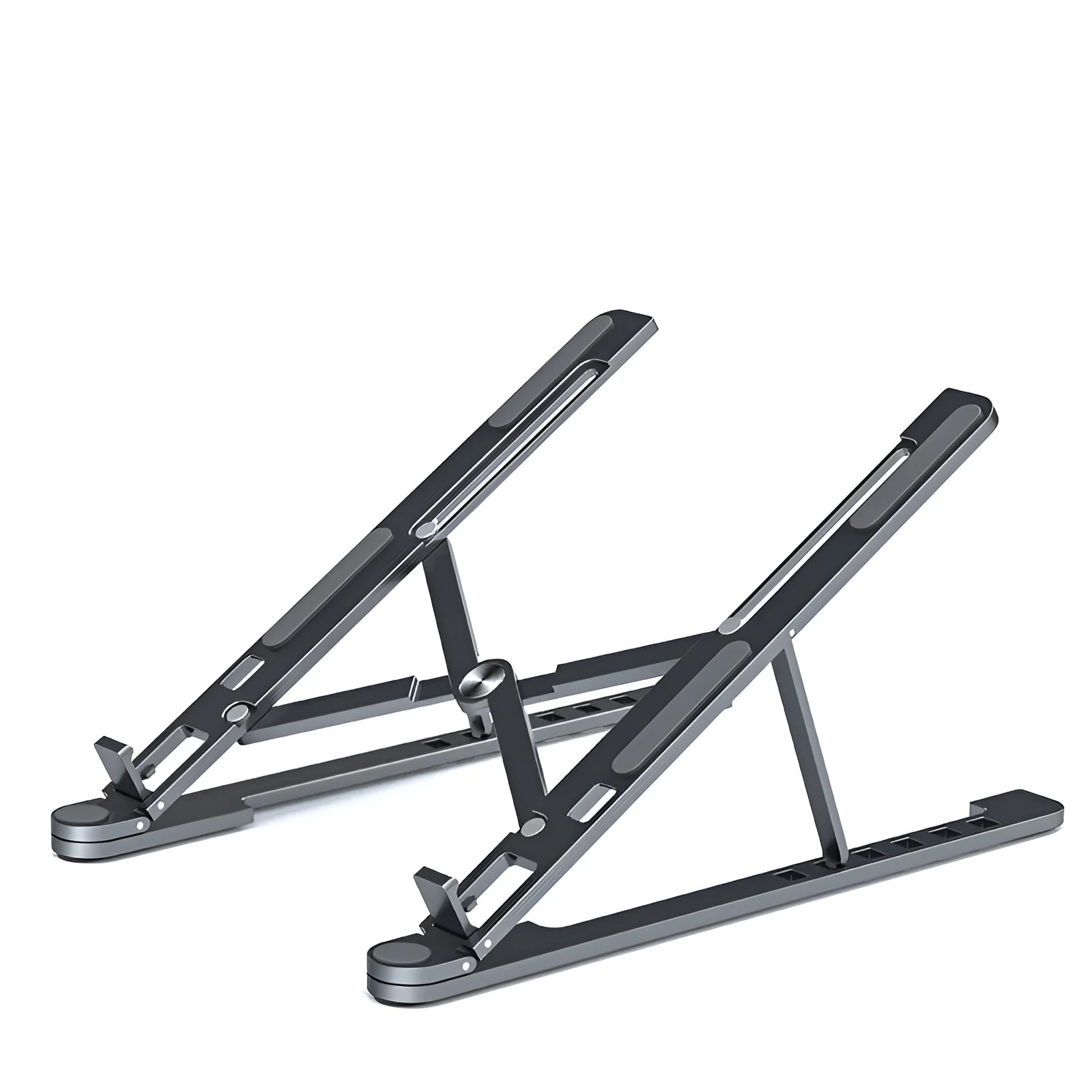 Silver foldable aluminium laptop stand holding a MacBook at an adjustable angle.