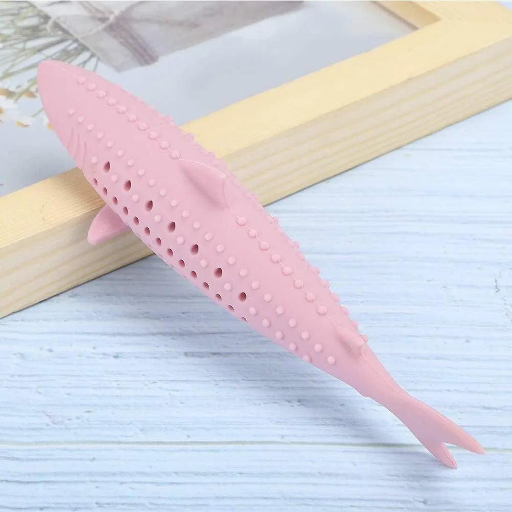 Silicone fish-shaped cat chew toy in green with breathable side holes for catnip