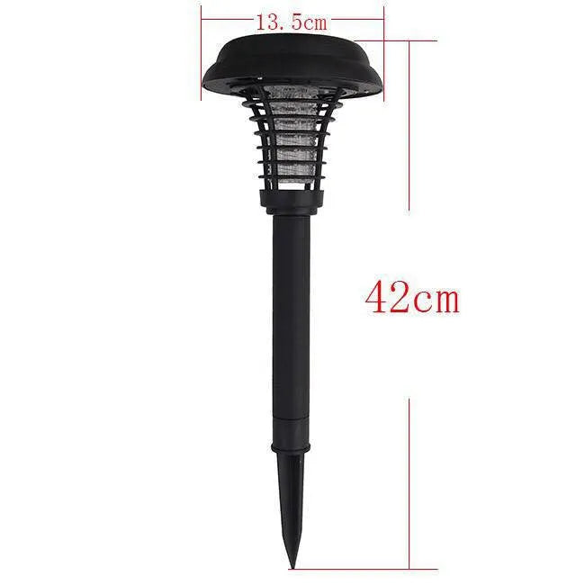 Black solar-powered insect killer garden lamp with white LED and UV purple light.