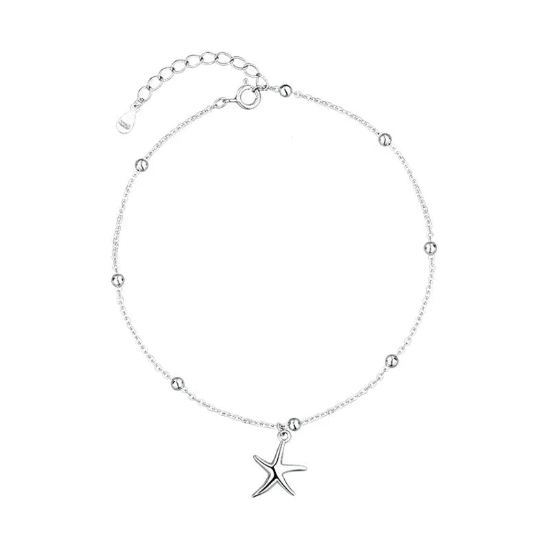 S925 sterling silver anklet with starfish charm and round beads