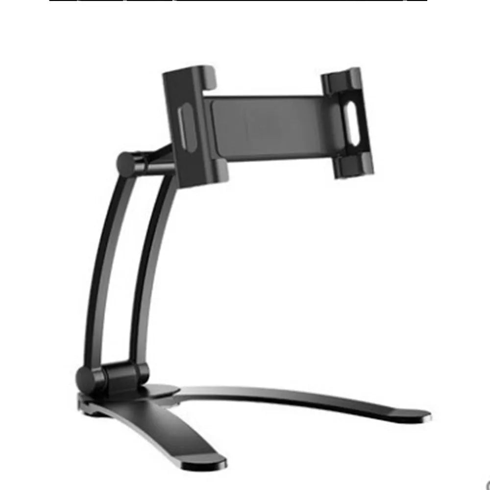 Silver aluminium alloy desktop tablet stand with adjustable white mount holding a tablet