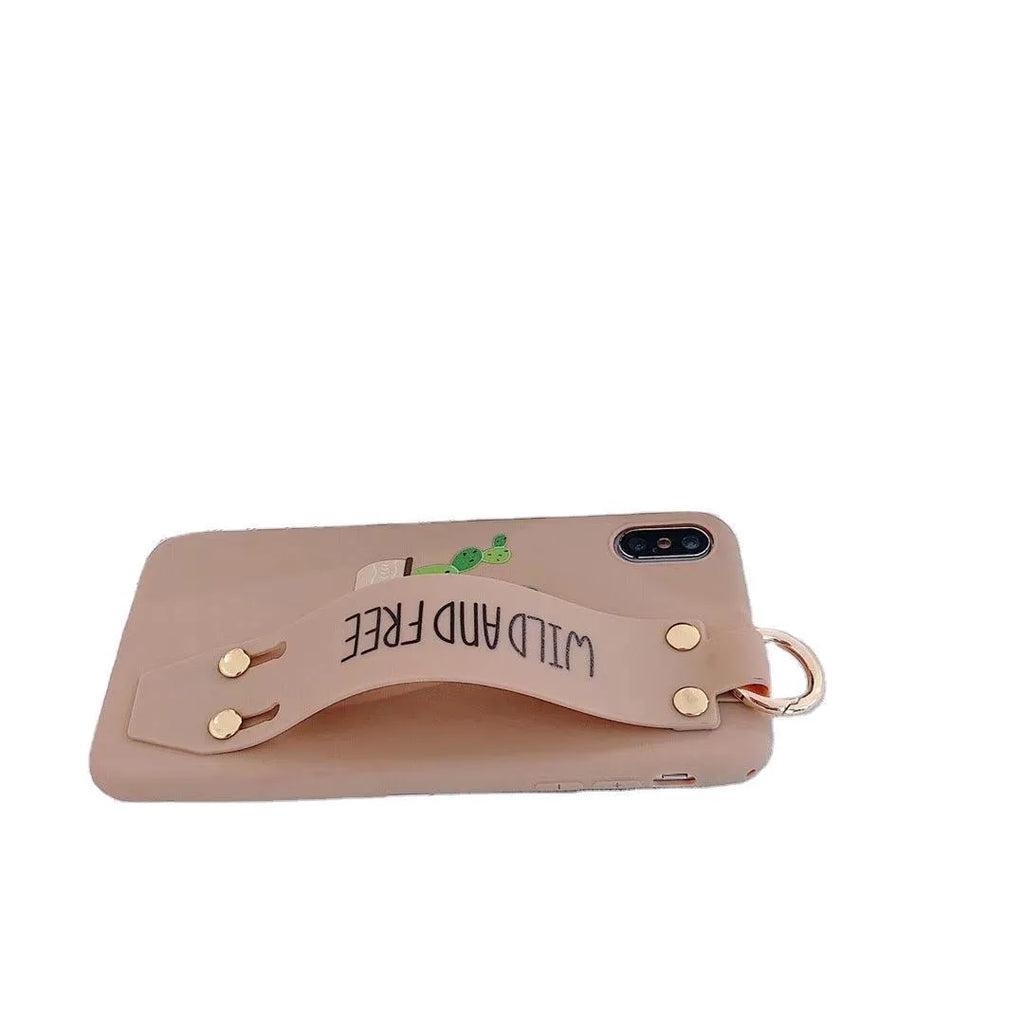 Green graffiti-style iPhone case with an integrated wristband holder on the back.