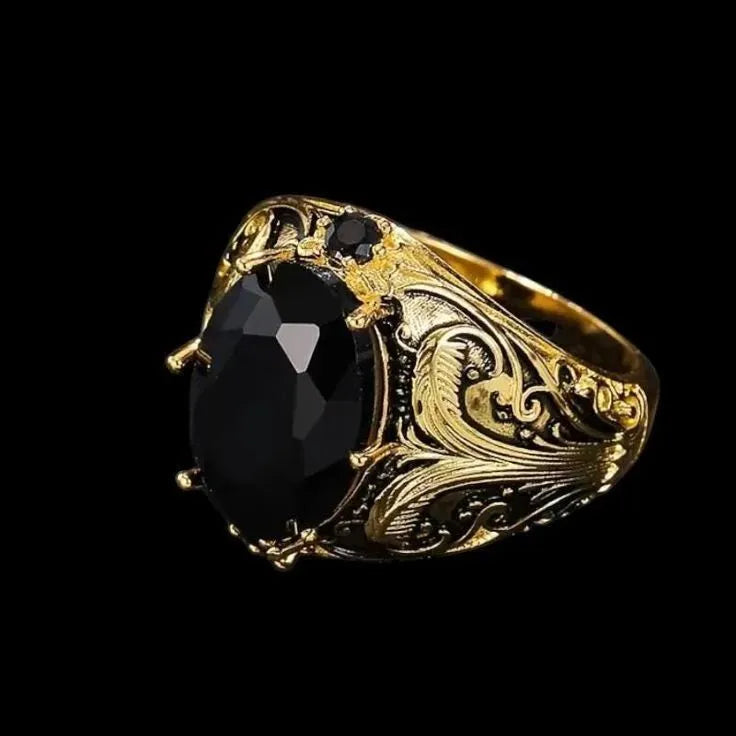 Men's silver alloy wide face ring with geometric pattern and imitation ink colour gemstone ornament