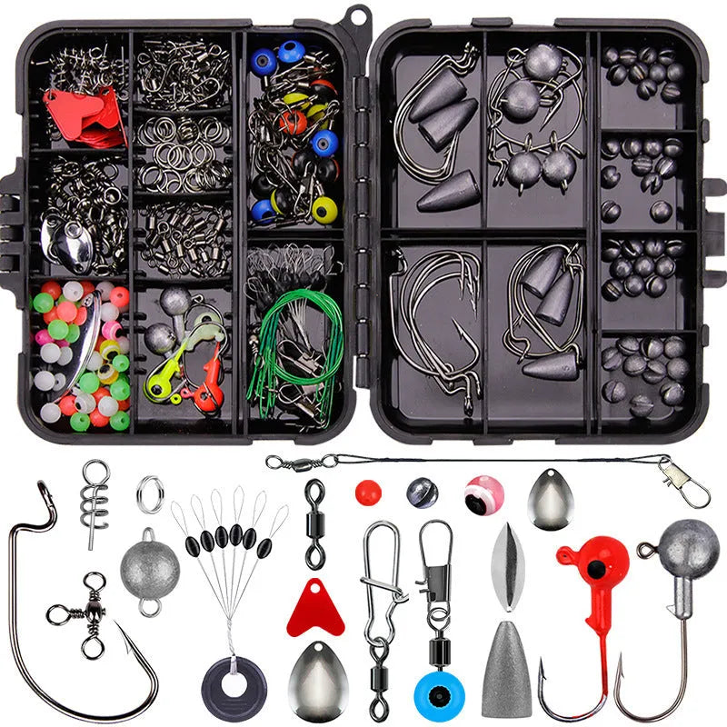 257-piece fishing lure accessories set in organised orange storage box with Texas rig, sea fishing, and rock fishing tackle