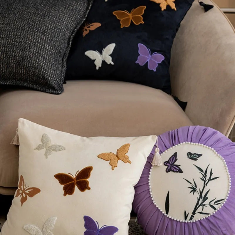 Butterfly embroidery cushion Chinese-style floral pattern 45x45 cm beige black purple