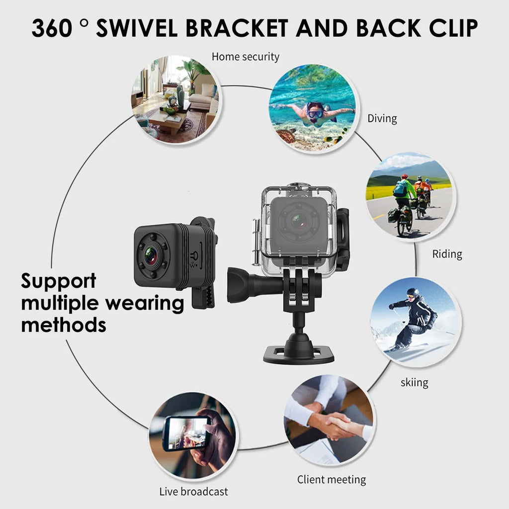 SQ29 black waterproof sports camera with microUSB port and TF card slot for extended recording