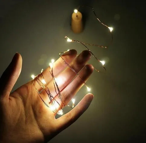Silver copper wire LED string lights wrapped around wine bottle with 20 white LEDs