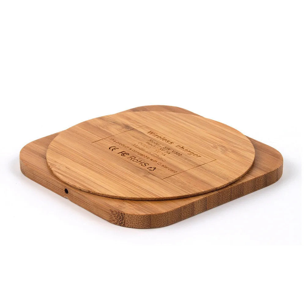 Square brown bamboo wood 5W Qi wireless charger with red and green LED lights