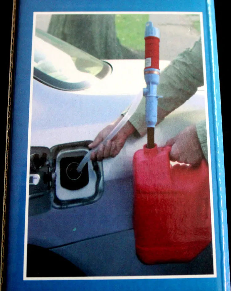 Blue manual hand siphon pump for transferring fuel and oil