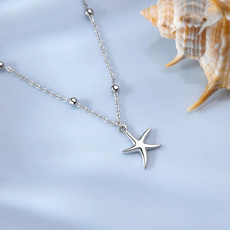 S925 sterling silver anklet with starfish charm and round beads