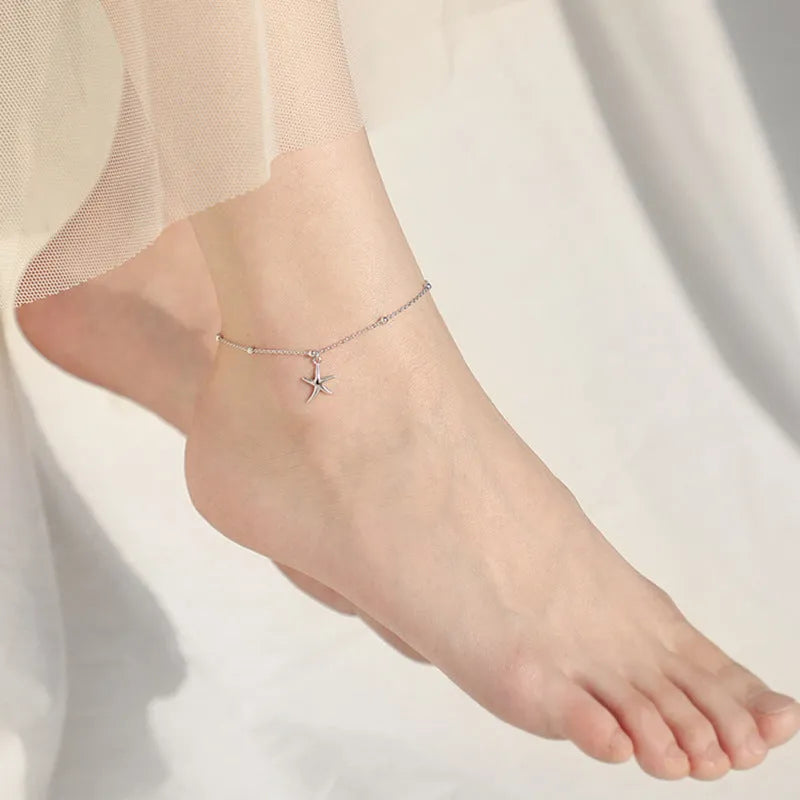 S925 sterling silver anklet with starfish charm and round beads