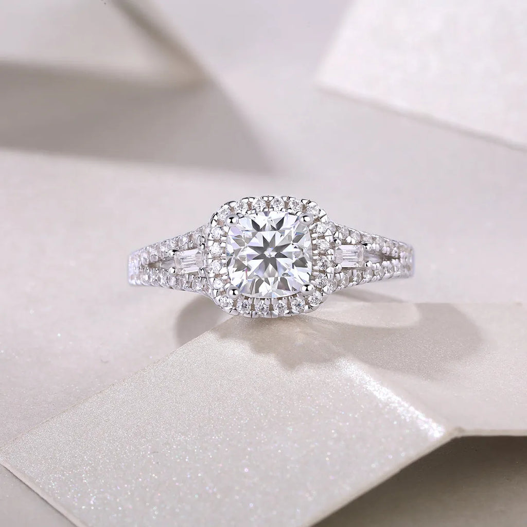 Day By Day moissanite wedding ring set with square 6x6mm stone, S925 silver band, platinum-plated, sizes 5-9, gift box