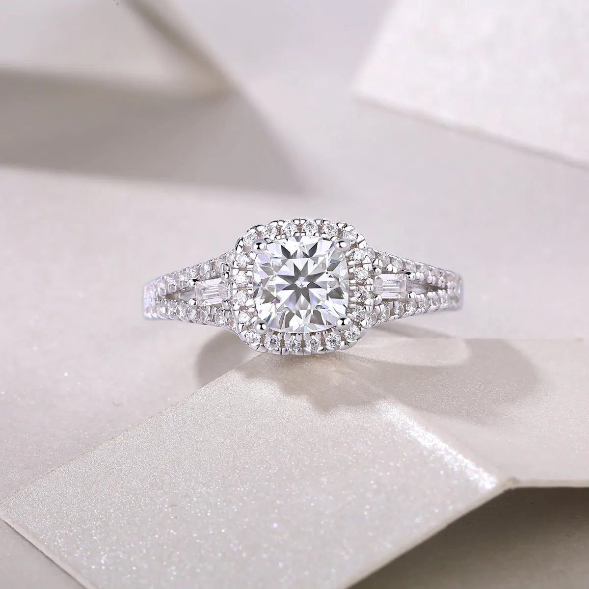 Day By Day moissanite wedding ring set with square 6x6mm stone, S925 silver band, platinum-plated, sizes 5-9, gift box