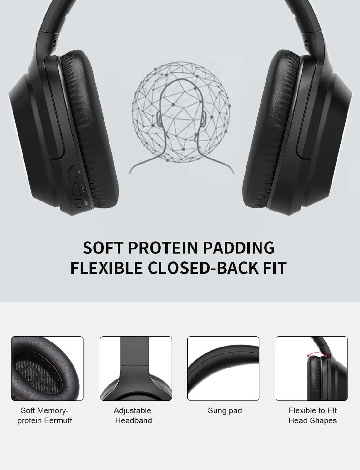Black Gorsun E98 over-ear wireless Bluetooth headphones with memory-protein ear cushions and adjustable stainless steel headband.