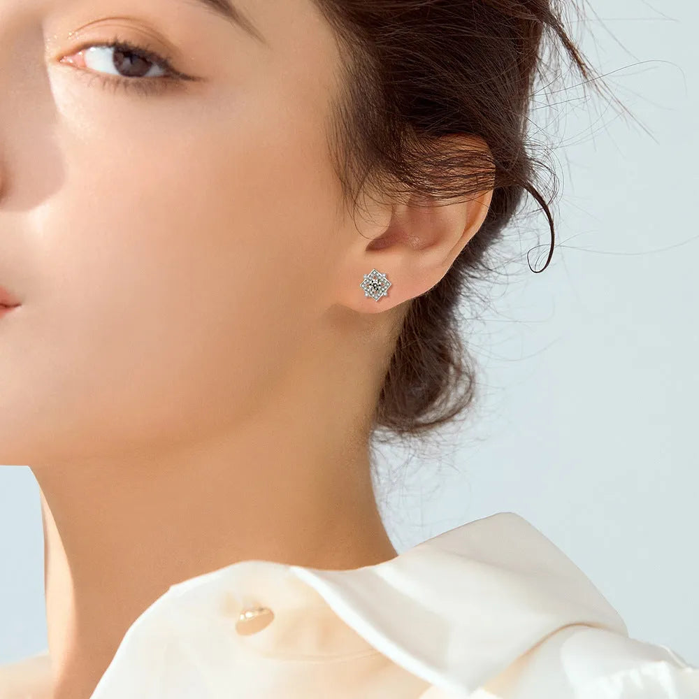 925 sterling silver geometric zircon earrings with white gold finish, star and snowflake motifs, 4mm main stone