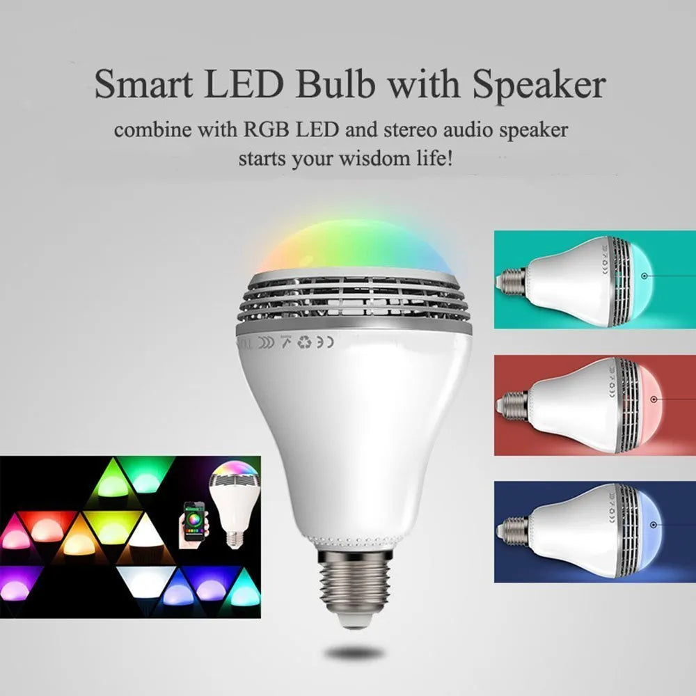 White LED smart bulb with E27 base, combining a light and Bluetooth speaker, dimensions 100x150mm.