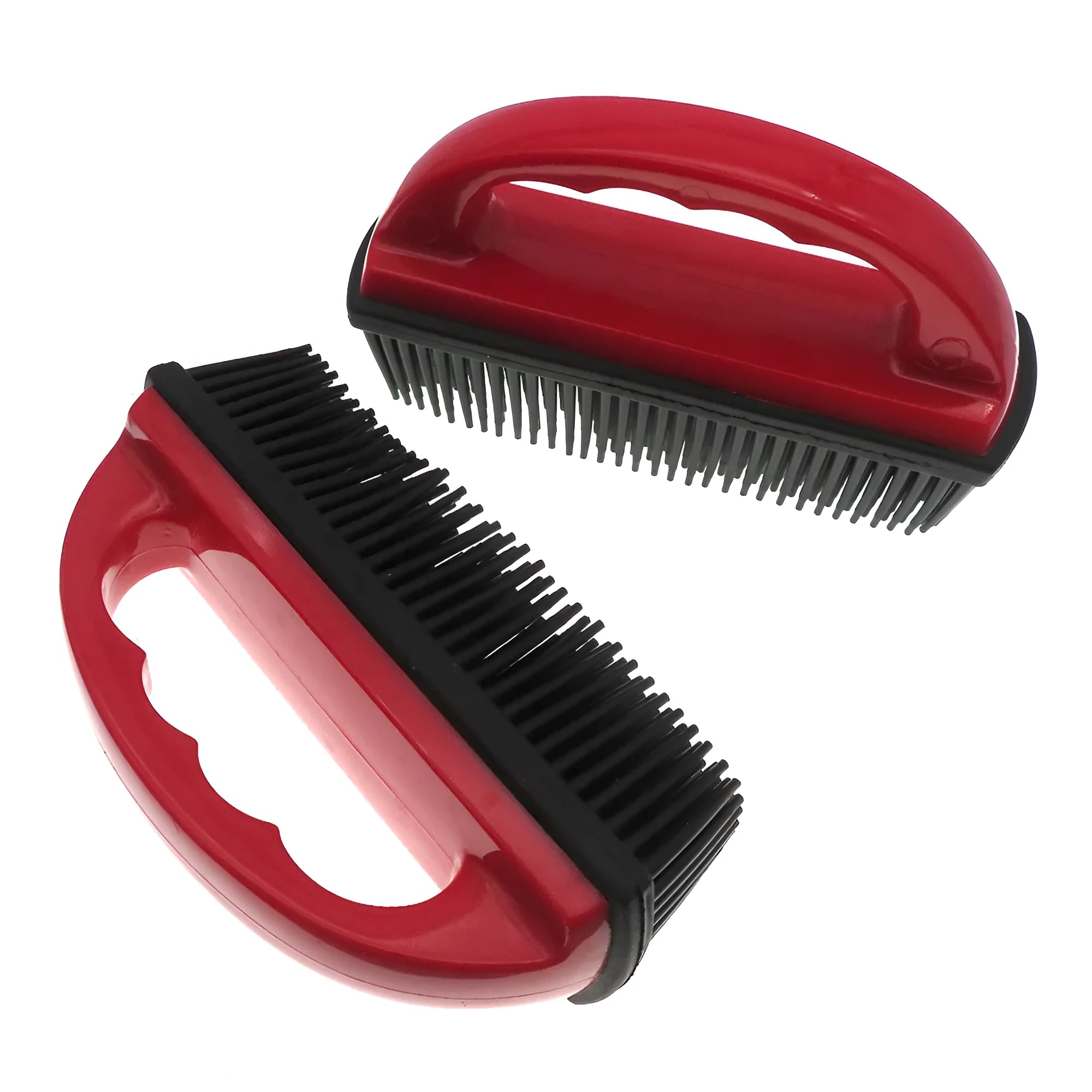 Red silicone pet hair removal brush with ergonomic handle for bath grooming and carpet cleaning