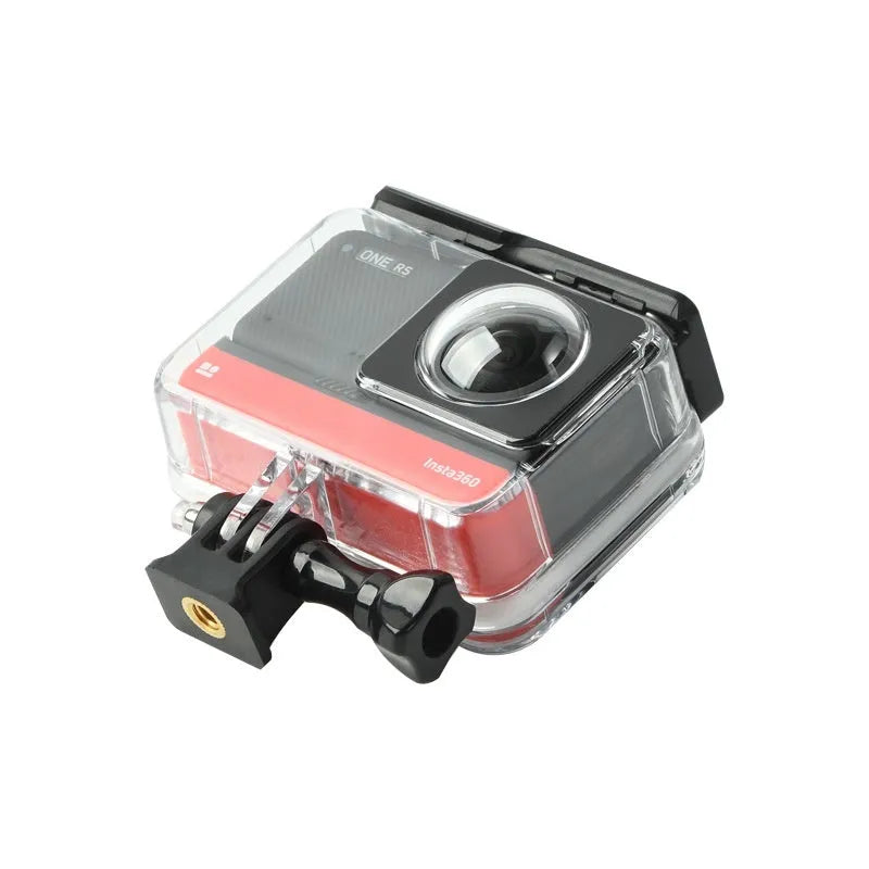 Transparent waterproof housing for Insta360 One RS panoramic camera showing dual lens protection