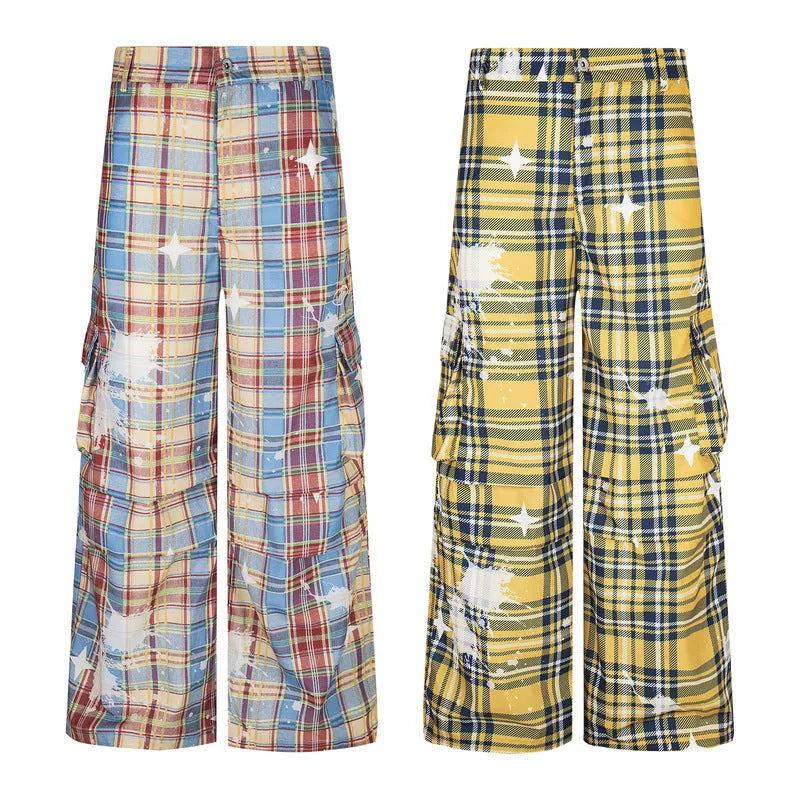 Men's blue and yellow tartan check loose fit straight leg casual overalls