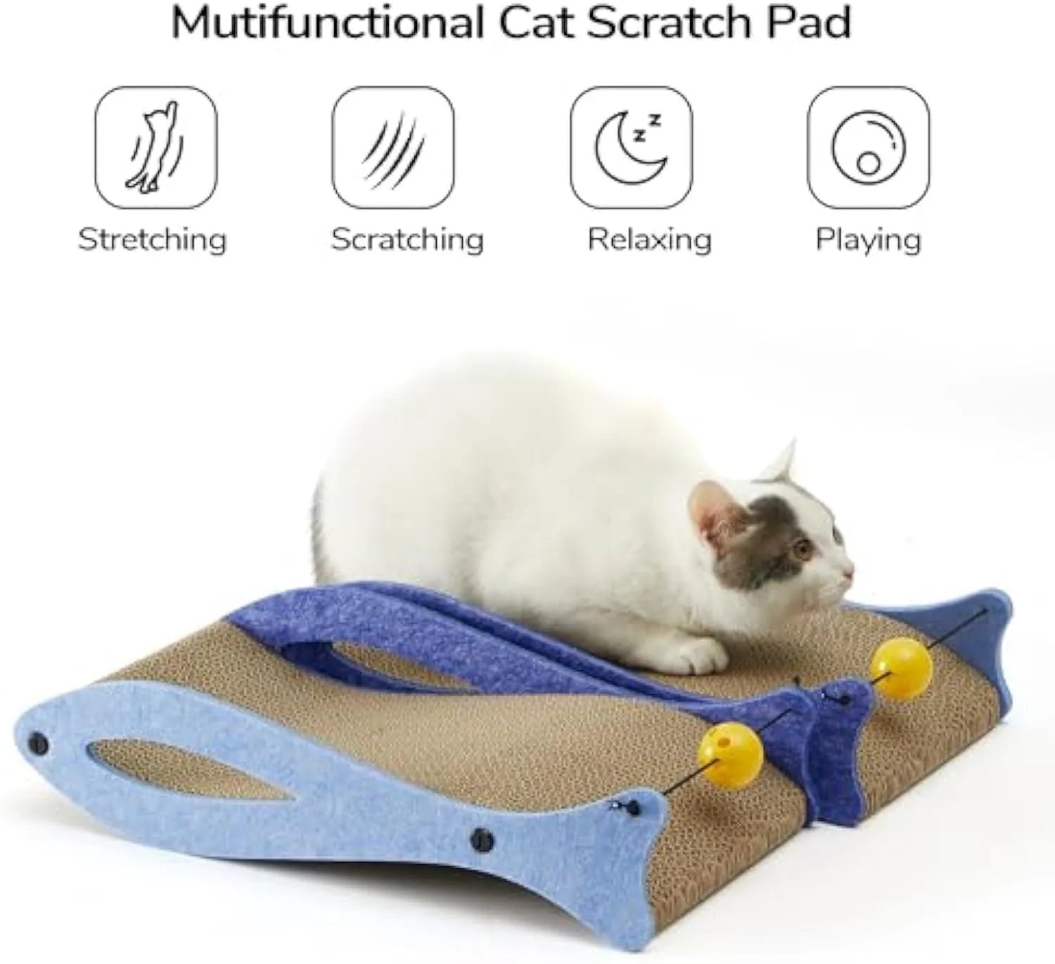 Blue fish-shaped cat scratcher lounge with corrugated cardboard surface and a hanging bell ball toy.