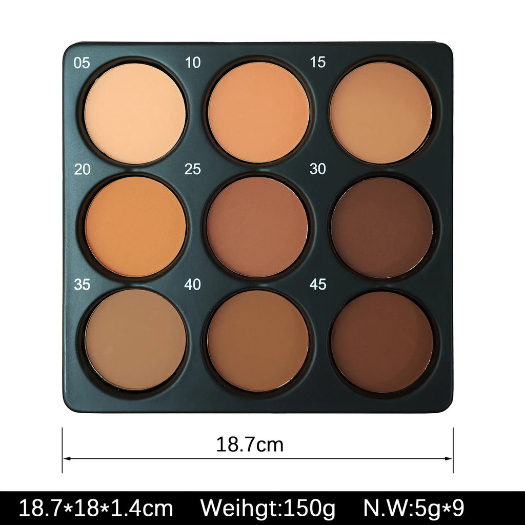 Makeup palette showing 9 dark matte colours in waterproof long-lasting formulation