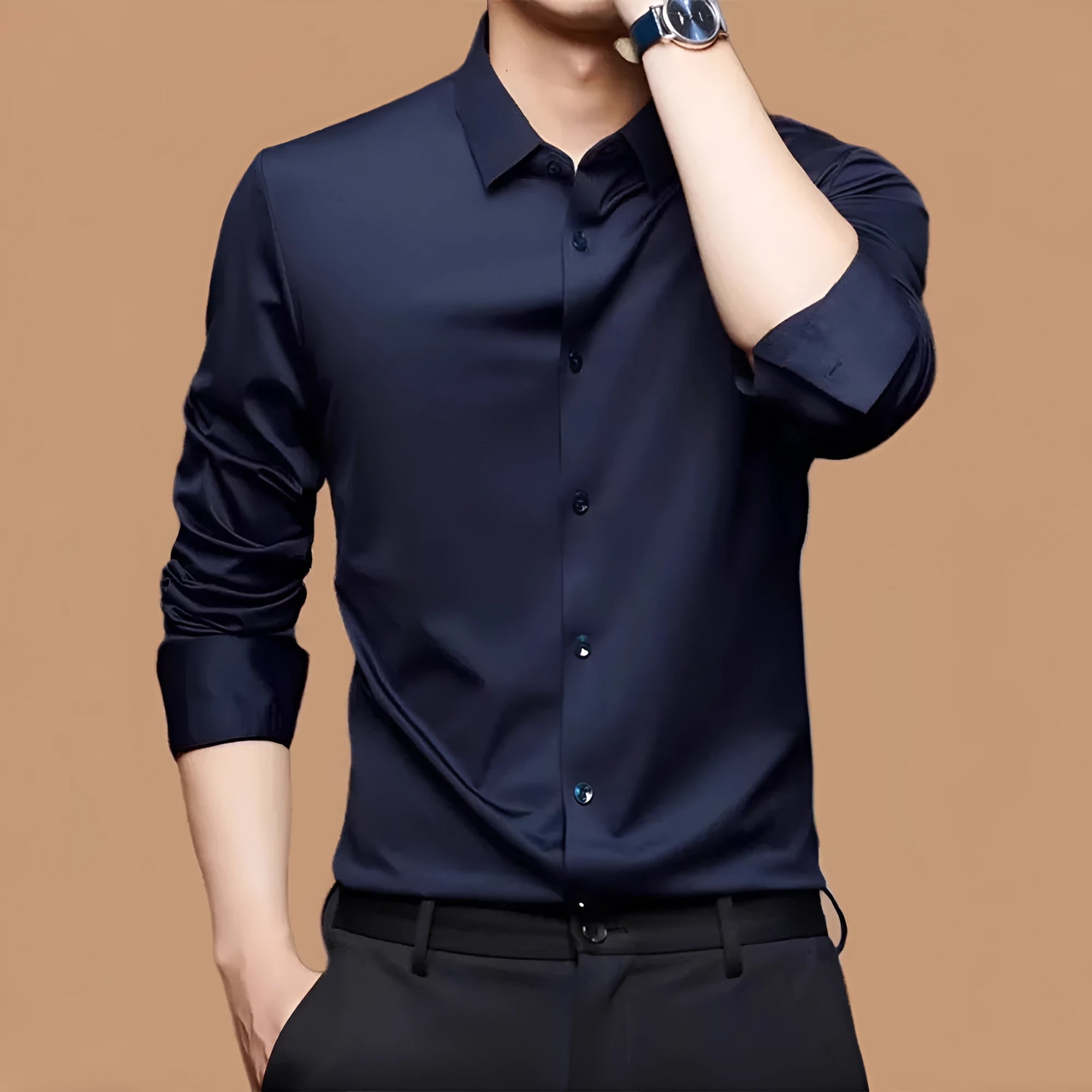 Seamless high elastic long sleeve anti-wrinkle shirt in black, front view, with stretch fabric