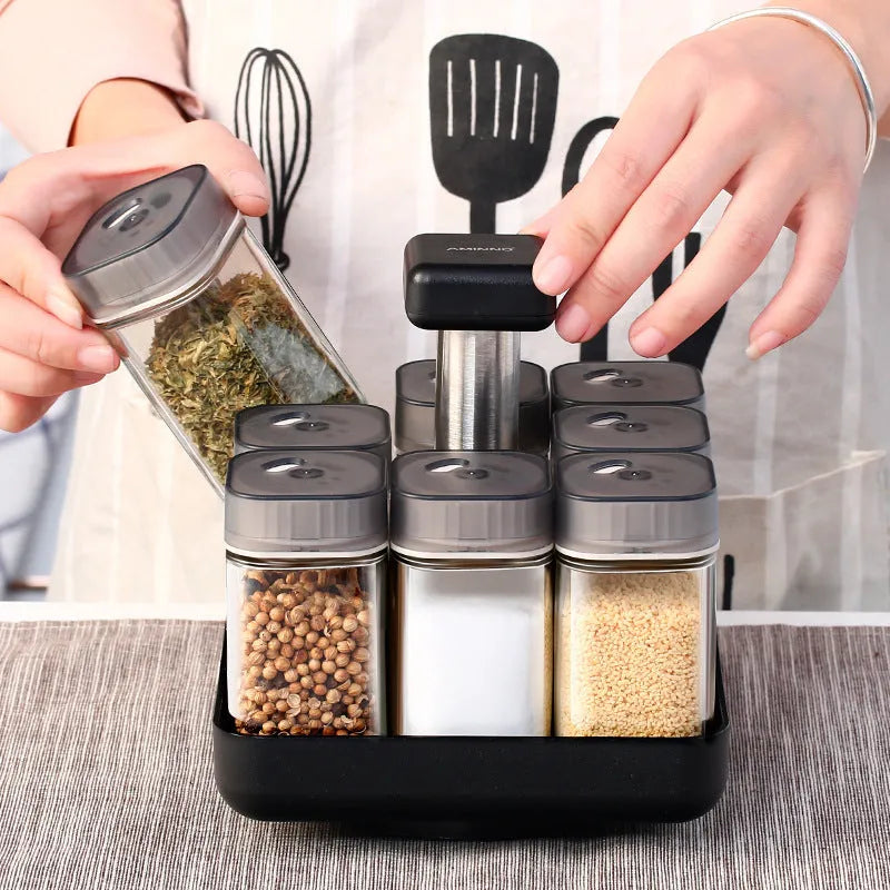 Glass spice jar organizer set with lids in photo colour design for kitchen seasoning storage