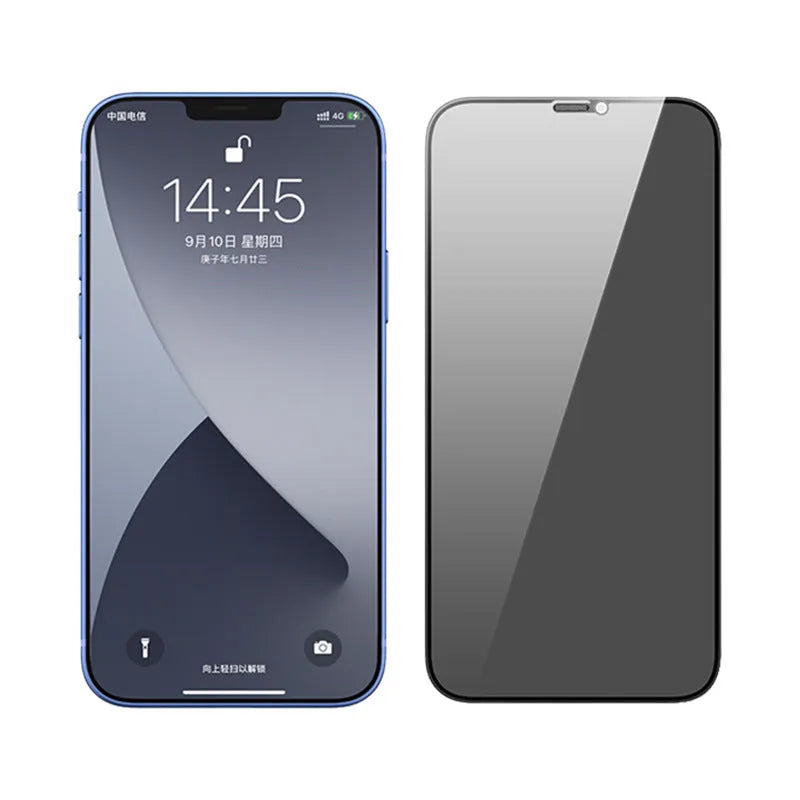 Privacy tempered glass screen protector for iPhone showing full coverage and anti-peep feature