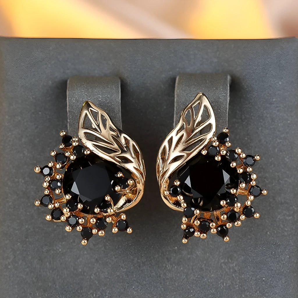 Round floral feather earrings with zircon diamonds in rose gold setting