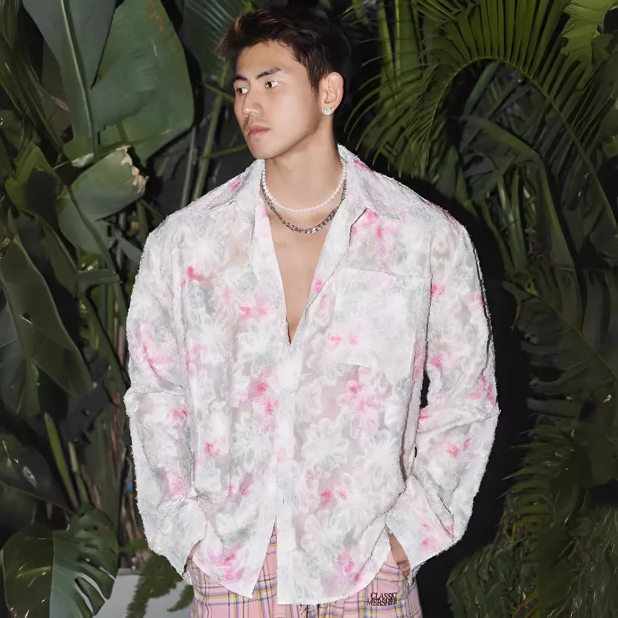 Men's floral long sleeve shirt with three-dimensional embossed patterns in blue colour showing loose fit design