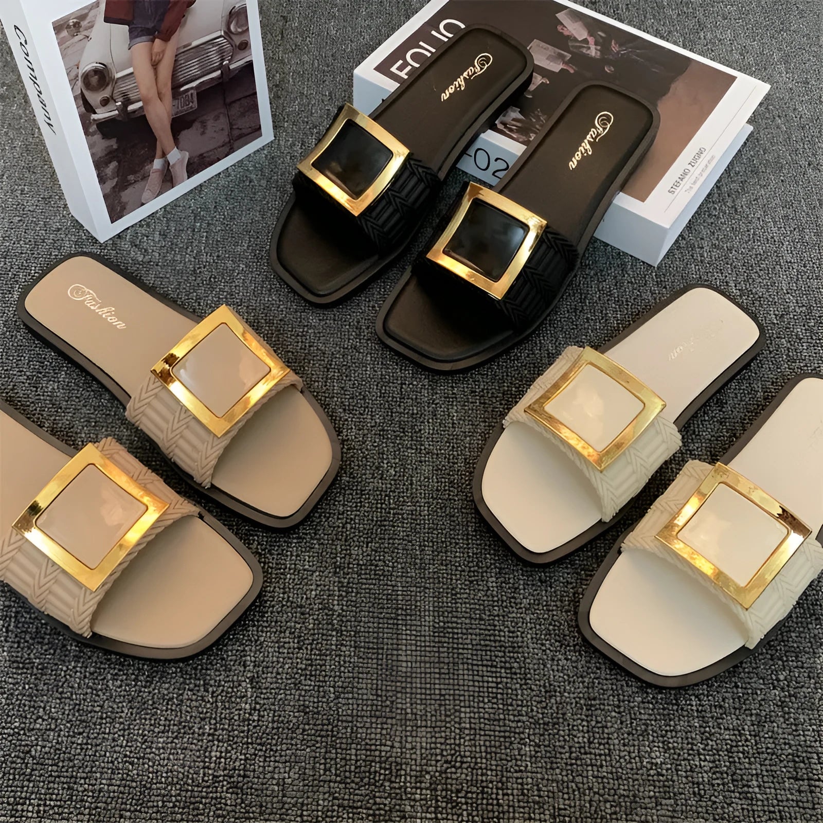 Women's casual flat slippers in apricot, black and khaki with a textured PVC sole.