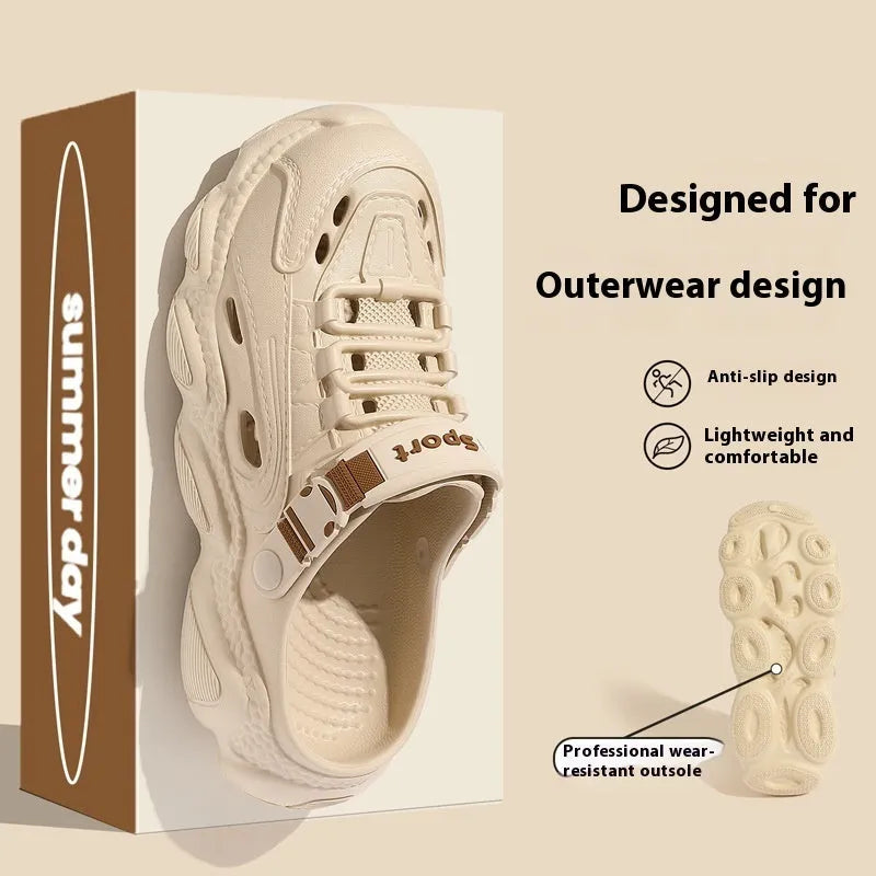 Men's khaki outdoor slippers showing hollow-out breathable design with textured non-slip EVA sole