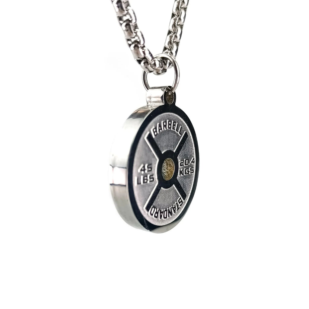 Stainless steel geometric barbell disk pendant necklace with 60cm chain on black background