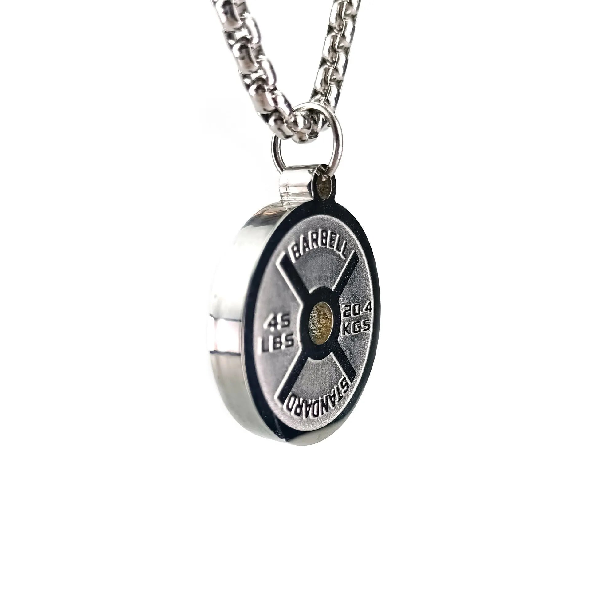 Stainless steel geometric barbell disk pendant necklace with 60cm chain on black background