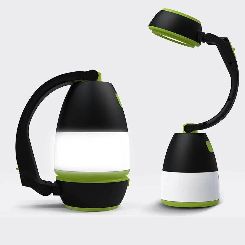 Black green multifunctional LED lamp with folding stand, shown in camping and desk use settings.