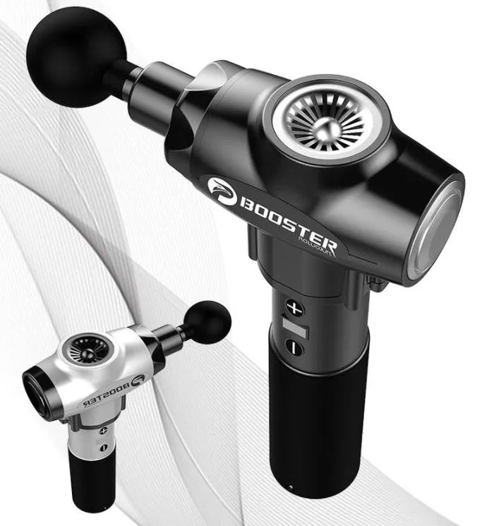 Black and white cordless electric massage gun for muscle relaxation.
