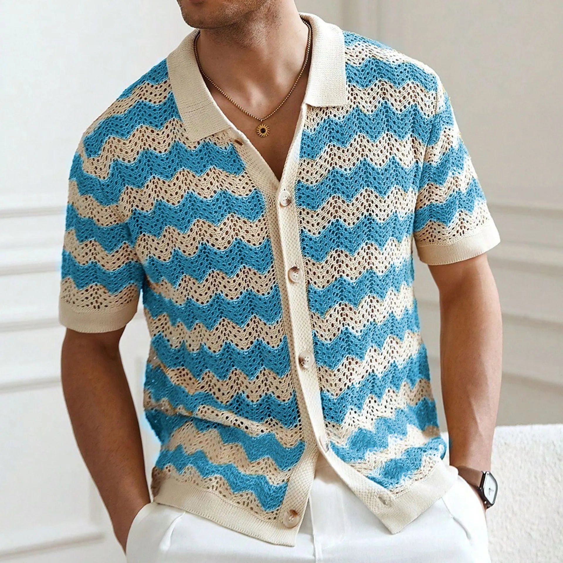 American-style hollow jacquard corrugated short-sleeve summer sweater in viscose Tencel