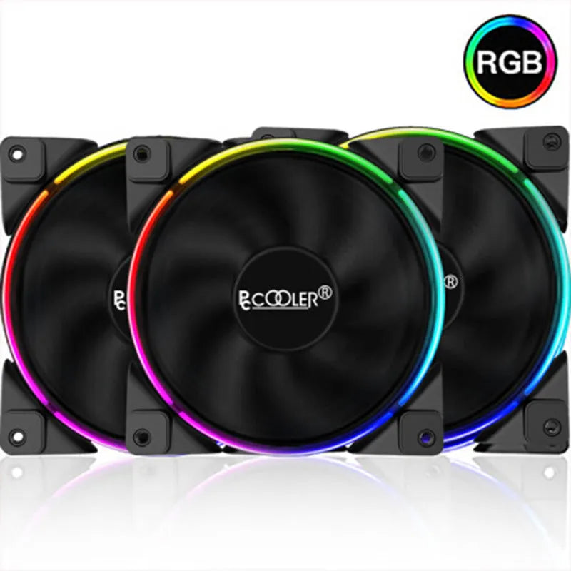Three black 12cm computer case fans with RGB lights and hydraulic bearings.