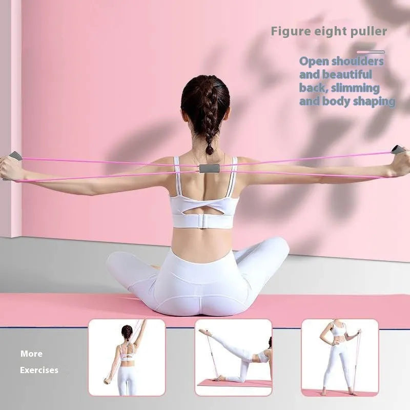 Yoga four-piece set showing a leg beauty device, yoga ring, pedal tension device, and figure eight tension rope.