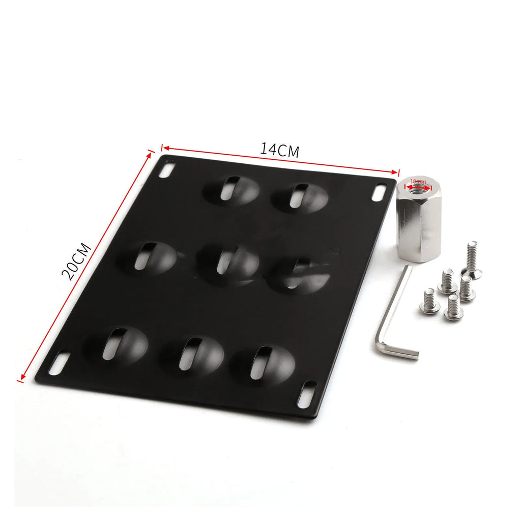 Silver metal car licence plate frame with a central towing hook, next to screws and a nut.