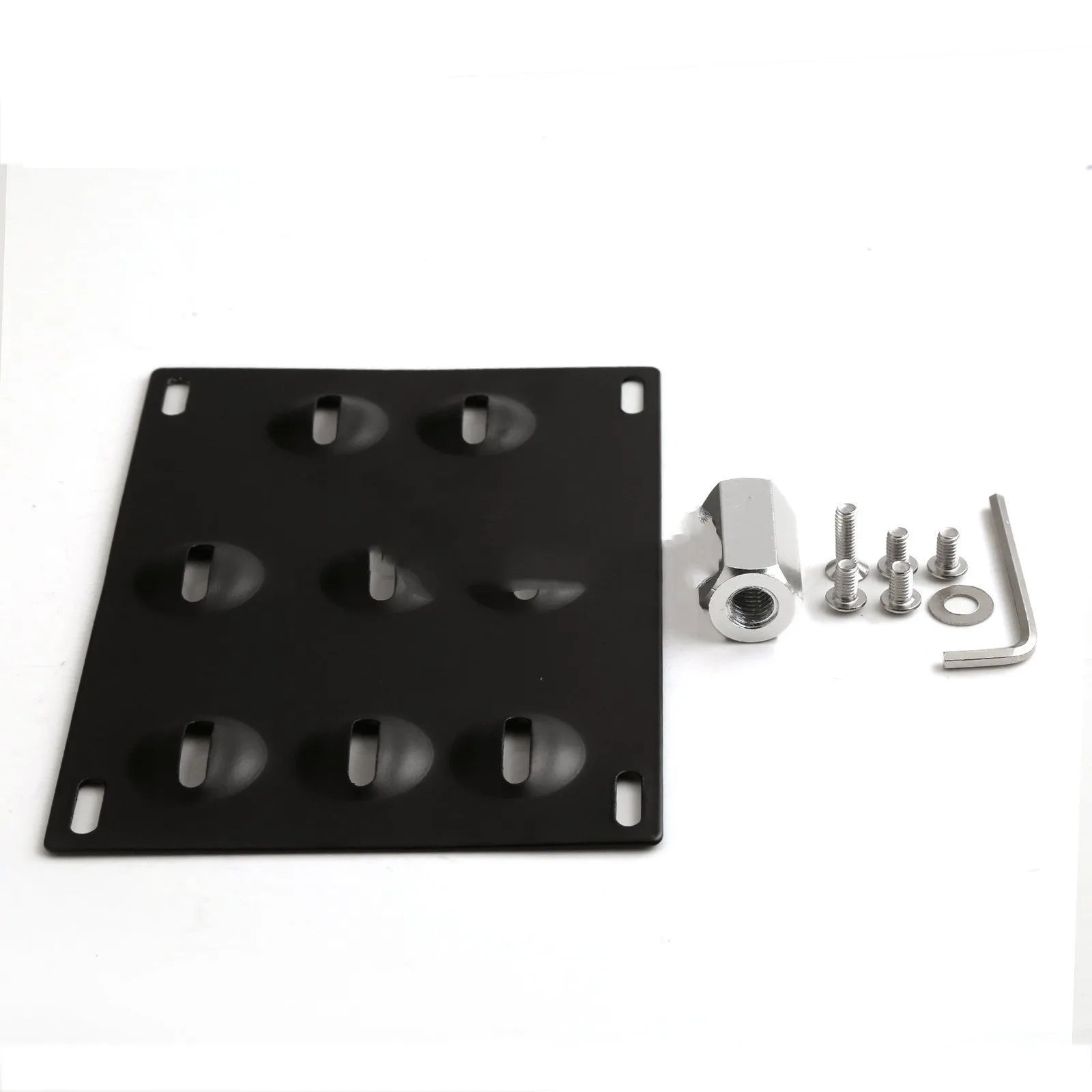Silver metal car licence plate frame with a central towing hook, next to screws and a nut.
