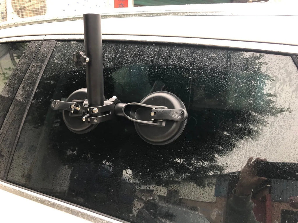 Black off-road vehicle flagpole sucker base with round suction cup and rubber disc